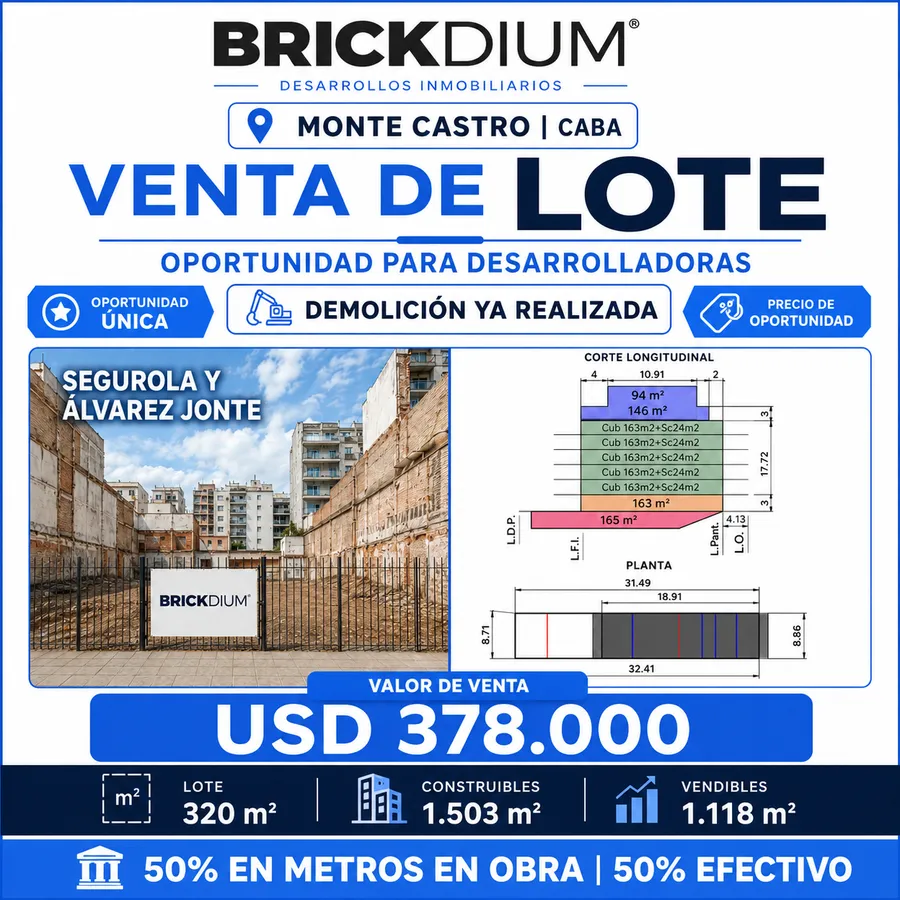 Terreno 8,66 X 37 m, con Demolición Av Segurola y Alvarez Jonte en Monte Castro